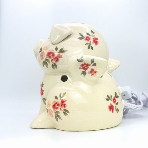 VTG. FLYING ANGEL PIG NIGHT LIGHT RED&PINK FLORAL CRACKLED FINISH WORKS GREAT. - Picture 7 of 10